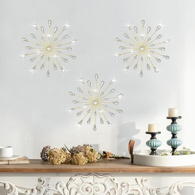 ZEXUIRU 3 Set Gold Starburst Wall Art for Home Decor Metal Bling Crystal Rhinestones Sunburst Wall Decor Sparkling Rhinestone Art Accent Gold - 18in - Image 3