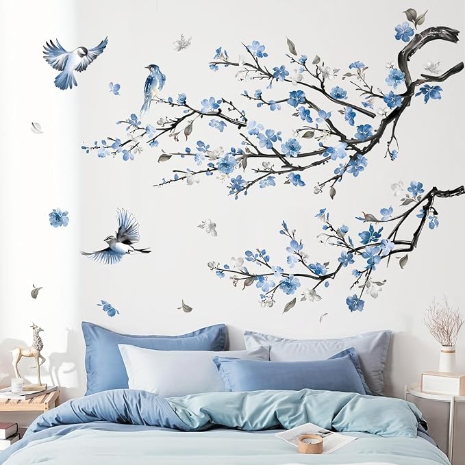 decalmile Blue Flower Branch Blossom Tree Branch Wall Decals Stickers by decalmile