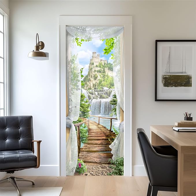 artfanke 3D Door Sticker Peel and Stick 30.3"x78.7"- View of The Castle Self-Adhesive Door Decal Murals Wallpaper for Home Decor(2 Sheets/Set) - Image 7