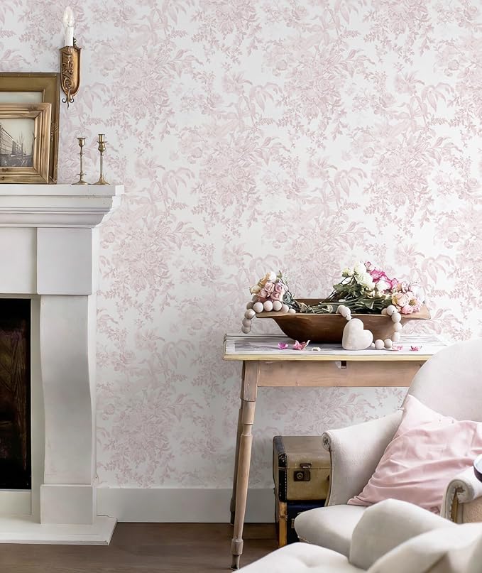 Heroad Pink Peel and Stick Wallpaper Vintage Floral Contact Paper Boho Flower Removable Wall Paper Self Adhesive Stick On Wallpaper for Girls Bedroom Bathroom Renter Friendly Vinyl Roll 17.3''X196'' - Image 5