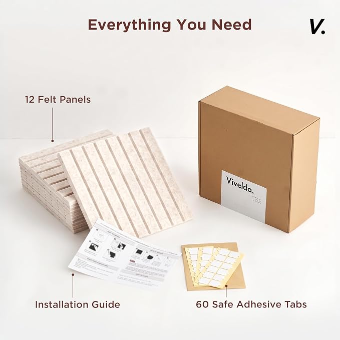 VIVELDA Large Felt Bulletin Board 48 x 36 Inch - 12-Pack Square Acoustic Wall Panels, Cork Board Alternative, NRC 0.95, Damage-Free Adhesive, Slatted Design for Home, Classroom (Limestone) - Image 5