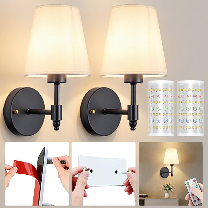 Nekhung Battery Operated Wall Sconce, Peel and Stick Sconces Set of 2 | Wireless Adhesive Stick On Wall Sconce, 10000mAh Rechargeable RGB Bulb with Remote, No Drill Wall Light for Bedroom Decor by Nekhung