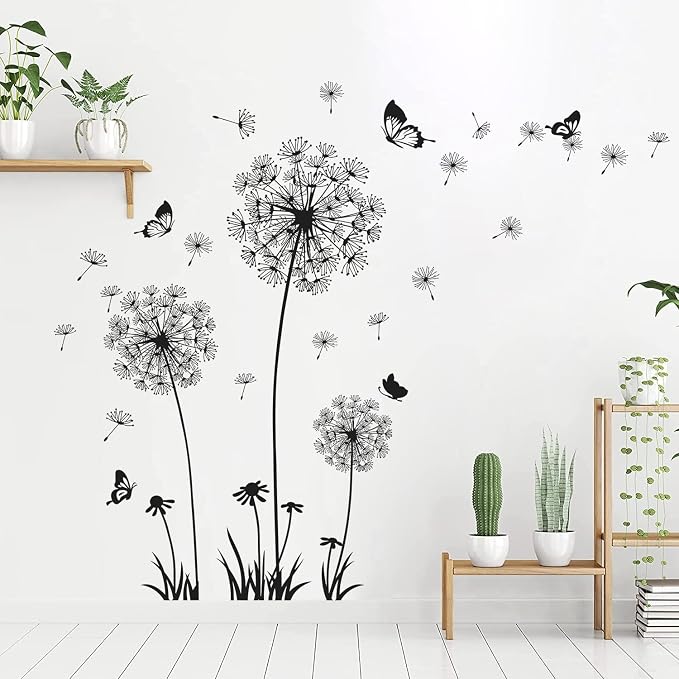 Dandelion Wall Decals Removable Flower Wall Stickers Peel and Stick Floral Butterfly Murals Party Decoration for Bedroom Living Room Sofa Backdrop TV Dandelion Wall Decor (Black) - Image 8