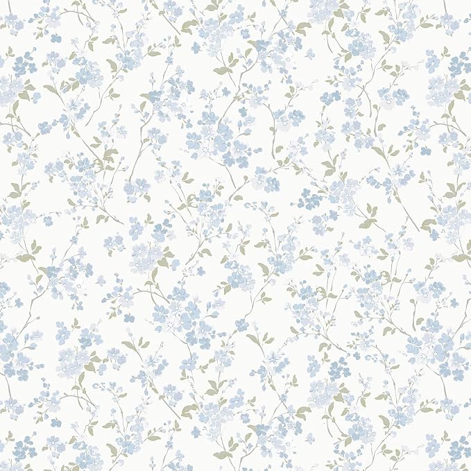 Peel and Stick Wallpaper for Nursery Blue Cherry Blossom Waterproof | 197"×17.3" Blue Floral Watercolor Wallpaper Gentle Accent Wall Decor with Grid Lines for Bedroom Vinyl Self-adhesive by Fiula
