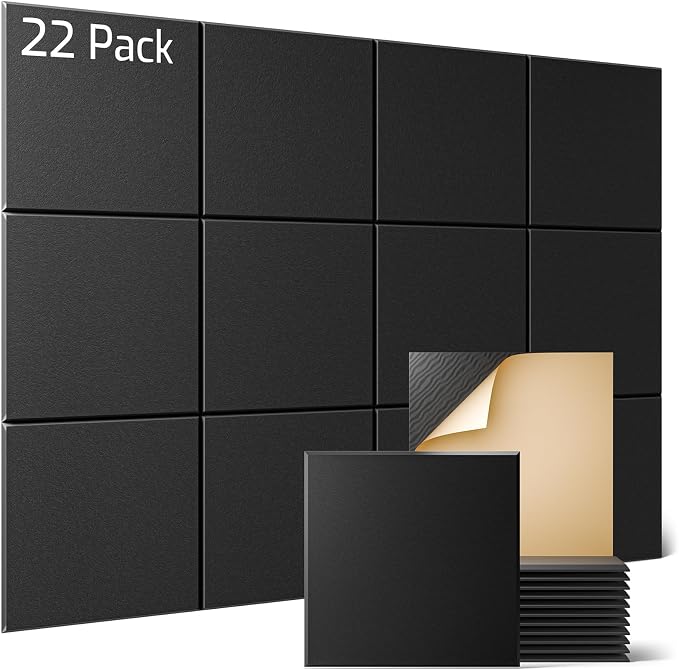 Sonicism 22 Pack Acoustic Wall Panels with Self-Adhesive, 12" X 12" X 0.4" Sound Proof Foam Panels, Decorative Soundproof Wall Panels, Sound Proof Absorbing Tiles for Home & Offices, Black by Sonicism