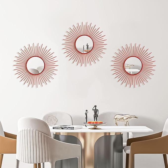 3 Pack Metal Mirrors for Wall Sunburst Wall Mirrors Home Décor Decorative Hanging Wall Art for Living Room Bedroom Entryway (Red, Sunburst) - Image 3