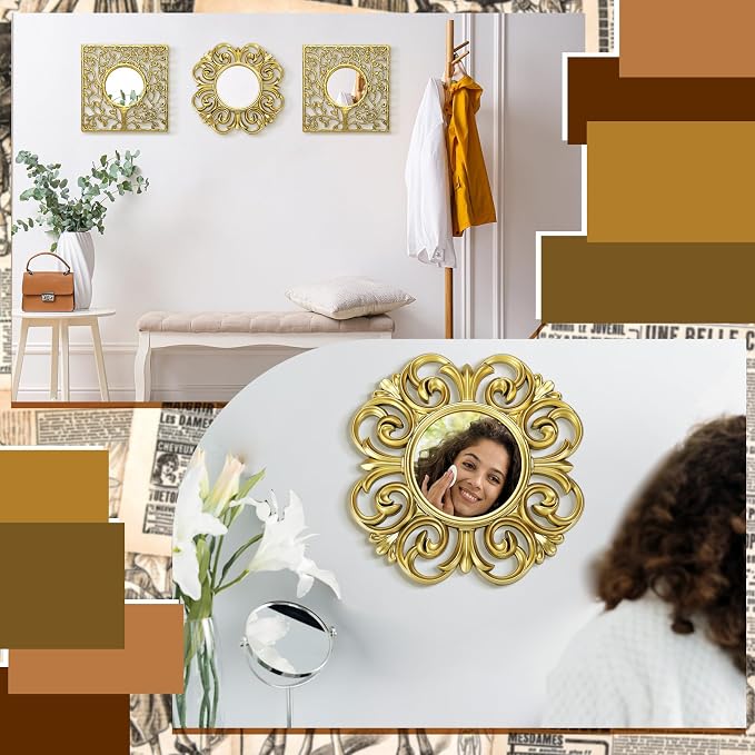 Fourluoo 3 Pack Gold Sunburst Mirrors for Wall Decor Circle Flowers Mirrors Decorative Gold Hanging Wall Art Flowers Mirror for Home Living Dinning Room Bedroom Bathroom Boho Decoration Art(Vintage) - Image 4