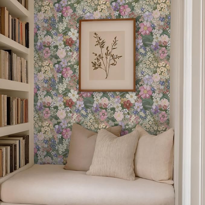 Ismoon Floral Peel and Stick Wallpaper Vintage Wallpaper 17.3in x 6.56ft Pink/Green Floral Wall Paper Boho Waterproof Removable Self-Adhesive Wall Paper for Nursery Bedroom Shlef Cabinet Décor - Image 8