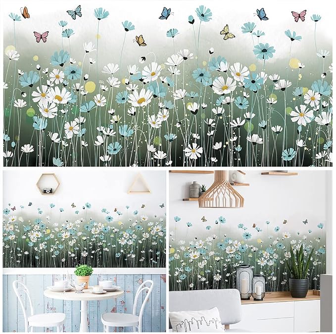 2 Sheets Blue Daisy Wall Sticker White Flowers Wall Decals DIY Peel and Stick Butterflys Firefly Wall Stickers for Kids Girls Bedroom Living Room Bathroom Nursery Window Door Office Skirting Lines - Image 3