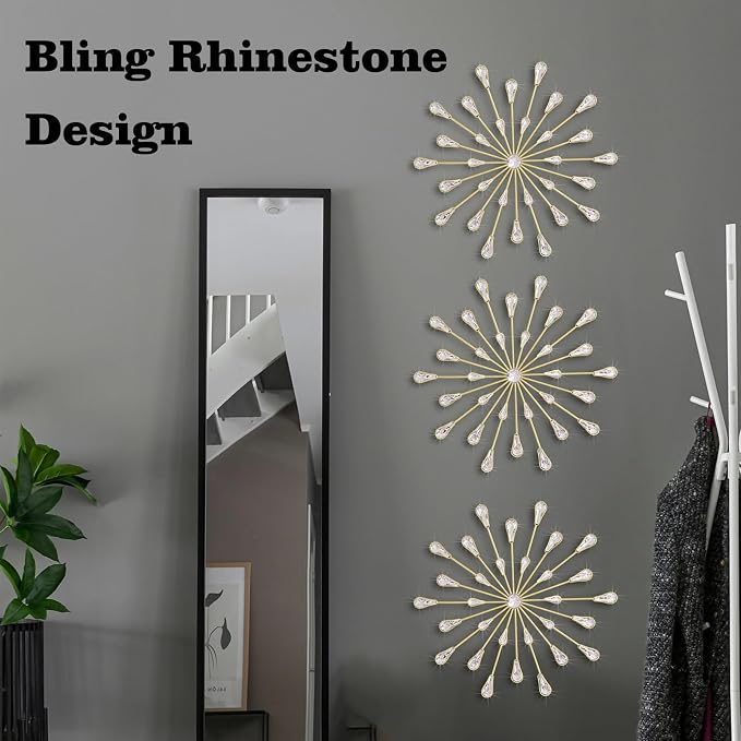 ZEXUIRU 3 Set Gold Starburst Wall Art for Home Decor Metal Bling Crystal Rhinestones Sunburst Wall Decor Sparkling Rhinestone Art Accent Gold - 18in - Image 2