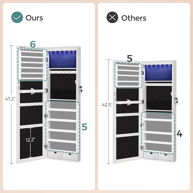 SONGMICS 6 LEDs Mirror Jewelry Cabinet, 47.2-Inch Tall Lockable Wall or Door Mounted Jewelry Armoire Organizer with Mirror, 2 Drawers, 3.9 x 14.6 x 47.2 Inches, White UJJC93W - Image 7