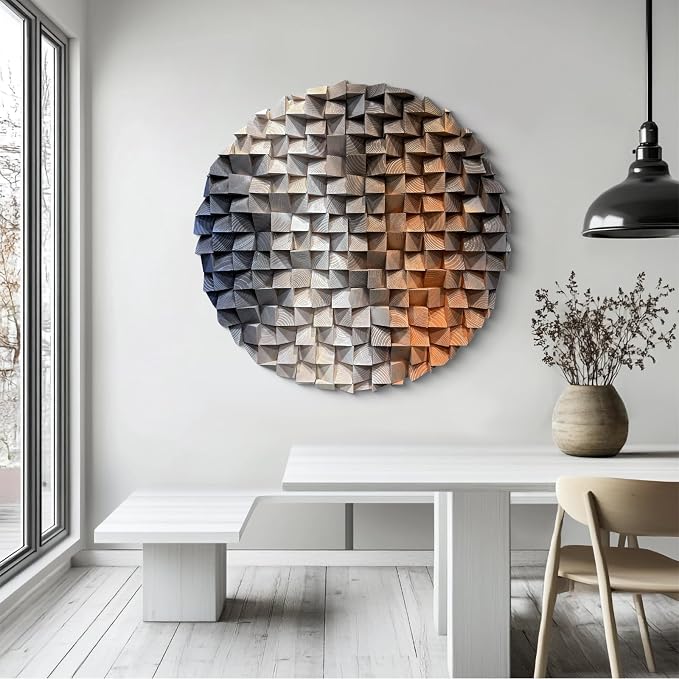 LIUZEYUE Large Round Wood Wall Art Featuring Sculptural Disc Texture | round 3D wall art; cool gray and rust, staggered mosaic surface; hotel lounge circular centerpiece; 47.2 in diameter - Image 8