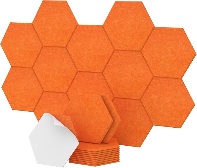 Self-adhesive Hexagon Acoustic Panels 12 Pack, TONOR 12"x 10"x 0.4" High Density Sound Proof Panels Tiles for Walls, Absorbing Noise and Eliminating Echoes Acoustic Foam for Home Studio Orange by TONOR