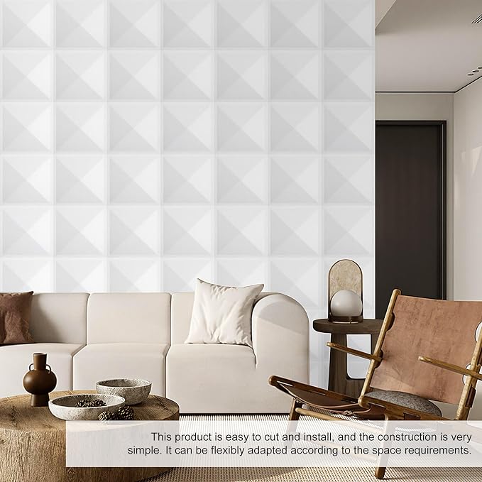 12 Pack 3D Wall Panels for Interior Wall Decor, Accent Felt Wall Panels for Office Living Room Bedroom Hotel Lobby, 12''x12'' PVC Pyramid Wallpapers Cover 12.Sq.Ft（White） - Image 6