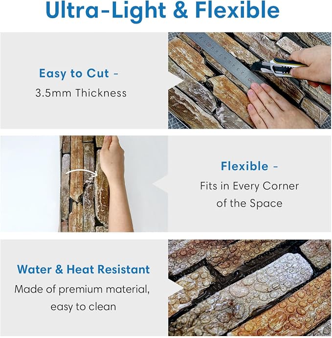 COMSTICKC 3D Faux Stone Wall Panels Peel and Stick, 10 Pcs 11.8" x 11.8" | Dark Brown, Not Real Stone, Ultra-Light Thin PVC Fake Rock Wall Sticker Covering for Easy DIY Interior Decor, Cover 9.7 sq ft - Image 5