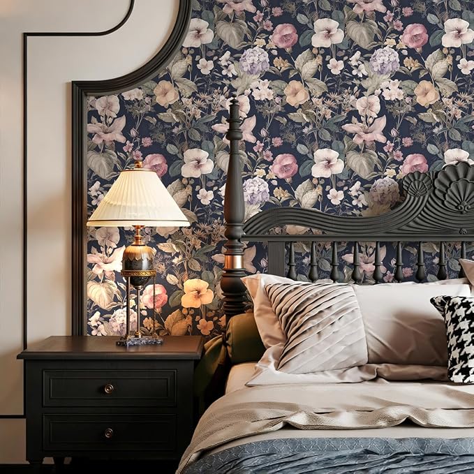 Jeweluck Vintage Floral Peel and Stick Wallpaper Floral Contact Paper 16.9" x 118.1" Dark Flower Wallpaper Peel and Stick Boho Leaf Self Adhesive Removable Wall Paper for Bedroom Decorative Vinyl - Image 4