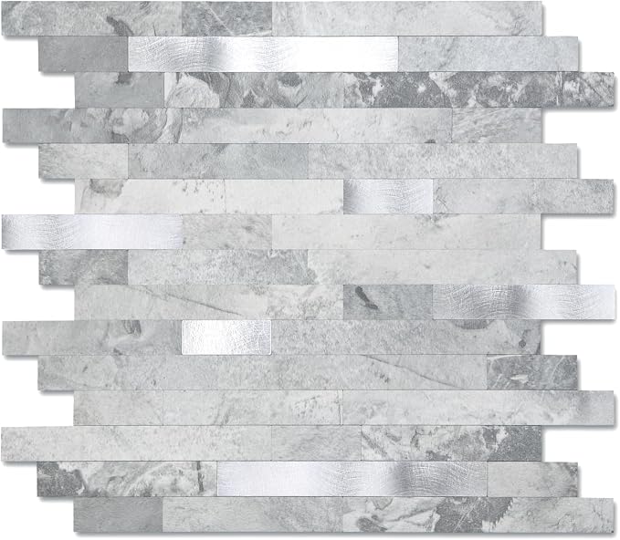 Yipscazo 20 Sheets Peel and Stick Stone Metal Tile Backsplash, Stick on Tiles for Backsplash Kitchen, Bathroom, Laundry Room, Camper, Fireplace (12'' X 12'', Gray Stone with Metal) by Yipscazo