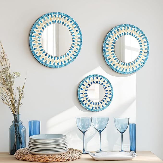 Handmade Mother of Pearl Mirror for Seasonal Holiday Wall Decor Blue by TEIPAI