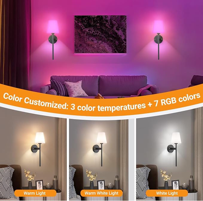 Nekhung Battery Operated Wall Sconce, Peel and Stick Sconces Set of 2 | Wireless Adhesive Stick On Wall Sconce, 10000mAh Rechargeable RGB Bulb with Remote, No Drill Wall Light for Bedroom Decor - Image 5