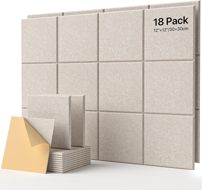 Soundsbay Self-Adhesive Soundproof Wall Panels 18 Pack 12"x12" Black | Square Acoustic Panels, 150kg/m³ High Density Covers 18 sq ft, Sound Proof Panels for Walls, Home Office, Bedroom by Soundsbay
