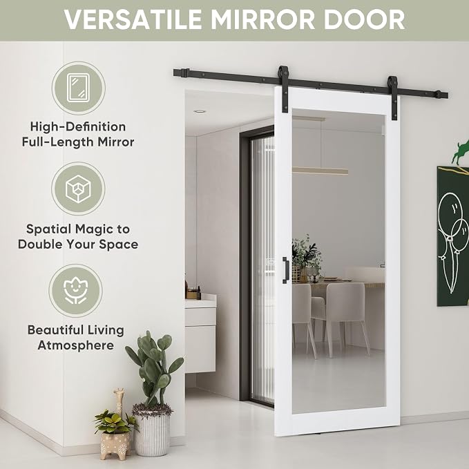 JUBEST 36x80 in Mirror Barn Door and 6.6FT Sliding Door Hardware Kit Included, White Full Length Mirror, Solid Wood Panel Covered with Water-Proof PVC Surface, No Assembly Required - Image 6