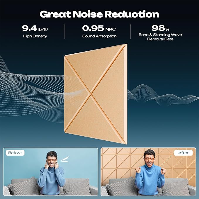 Sonicism 22 Pack X-Lined Acoustic Panels with Self-Adhesive, 12"X 12"X 0.4" Sound Proof Foam Panels, Decorative Soundproof Wall Panels, Sound Absorbing Tile for Home & Offices, Pale Apricot - Image 3