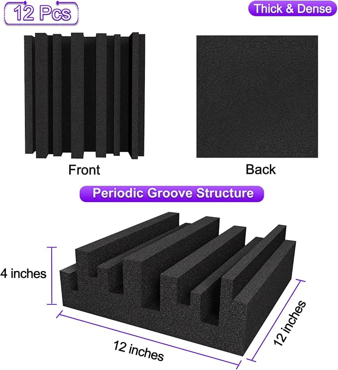 TroyStudio Thick Acoustic Sound Proof Foam Panels, 12 X 12 X 4 Inch 12 Pcs Broadband Sound Absorbing Foam, Dense Soundproofing Tile, Recording Studio Foam Absorber, Decorative 3D Wall Ceiling Panel - Image 2