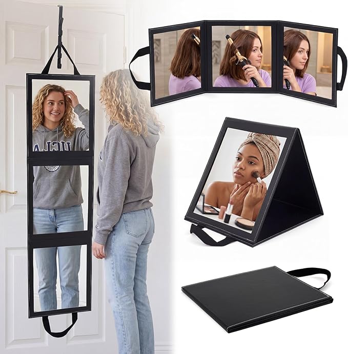 Novabright 3-Panel Over The Door Full Length Mirror, Foldable Hanging Acrylic Body/Makeup Mirror with Height Adjustable Hook for Bedroom Closet Bathroom, Dance Travel Camping (Black) by Unknown