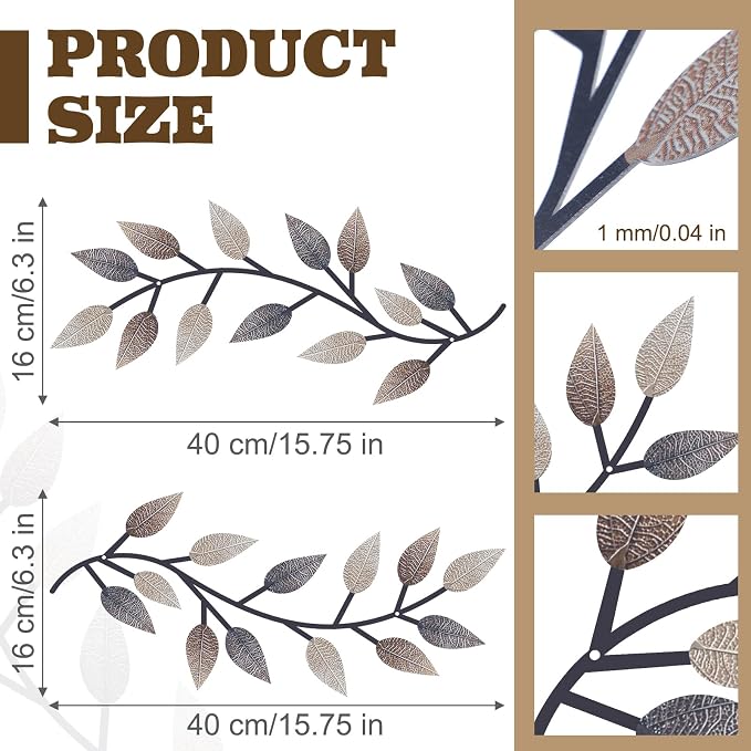 Zhengmy 2 Pcs Metal Leaf Wall Art Vine Branch Decor,Vintage Brown | Olive Branch Metal Decor for Living Room Hallway, Symmetrical Leaf Pair for Doorway Entryway, Lightweight Hanging Art Design - Image 2