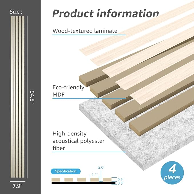Art3d 4-Pack Soundproof Wood Slat Wall Panel, 94.5 x 7.9 Inch, White Elm | Wood Grain Finish, Effortless Setup, Sustainable, Long-Lasting, Noise Reduction, Easy Care, for Living Room, Bedroom, Office - Image 4
