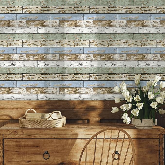 COMSTICKC 3D Faux Wood Wall Sticker Shiplap Peel and Stick for Wall Decor | 10 Pcs 11.8" x 11.8", Not Real Wood, Ultra-Light Thin PVC Fake Wood Decorative Panels for DIY Interior Decor, Cover 9.7 sq ft - Image 2