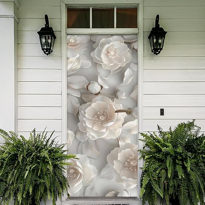 REDAMANCY 30.7"x79" 3D White Magnolia Floral Peel and Stick Door Stickers Vinyl 3D Mural Decals Modern Wallpaper Self-Adhesive, Waterproof, Removable Decor for Kitchen, Living Room, Bedroom - Image 5