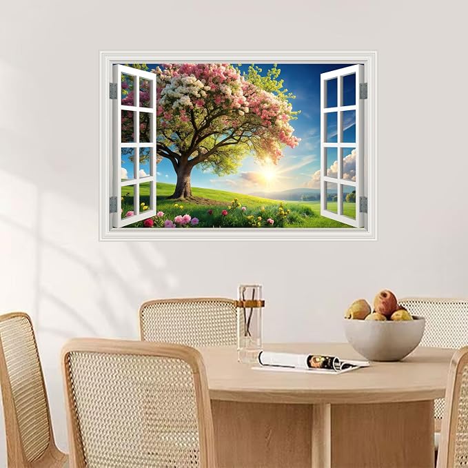 Fake Window Wall Mural Spring Green Flowers Tree Art Poster Faux Window Wall Sticker for Office Home Room Decor, Peel and Stick Wall Decals 24" x 16" - Image 2