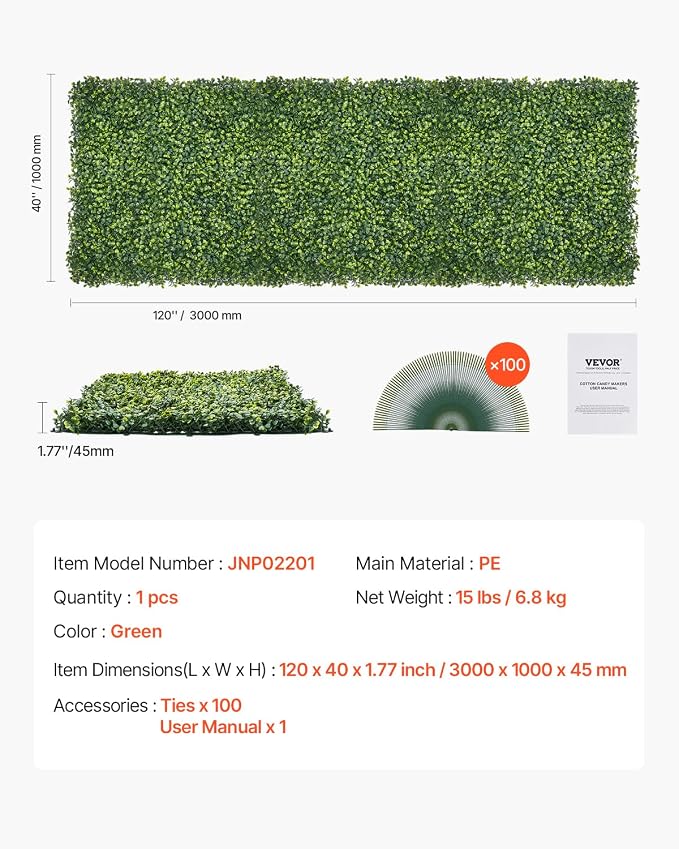 VEVOR Artificial Grass Wall Panels, 40 x 120 inch, Milan Grass Greenery Boxwood Panel for Indoor Outdoor Green Decor & Ivy Fence Covering, Privacy Backdrop Wall Hedge Screen for Garden - Image 7