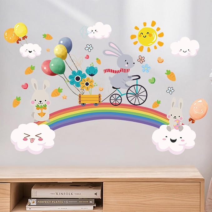 Arawat Rainbow Wall Decals for Girls Bedroom Easter Bunny Wall Murals for Living Room Décor Wall Decor Stickers & Murals 3D Rabbit Wall Art as Decorations - Image 2