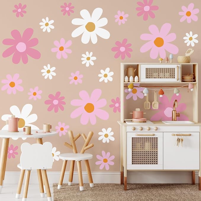 TaoBary 12 Sheet Daisy Wall Sticker Decals Pink White Flower Wall Stickers | Large Flower Wall Decals, Big Floral Decal, Daisy Bedroom Room Decor, Removable Peel and Stick, Nursery Home Wall Decor by TaoBary