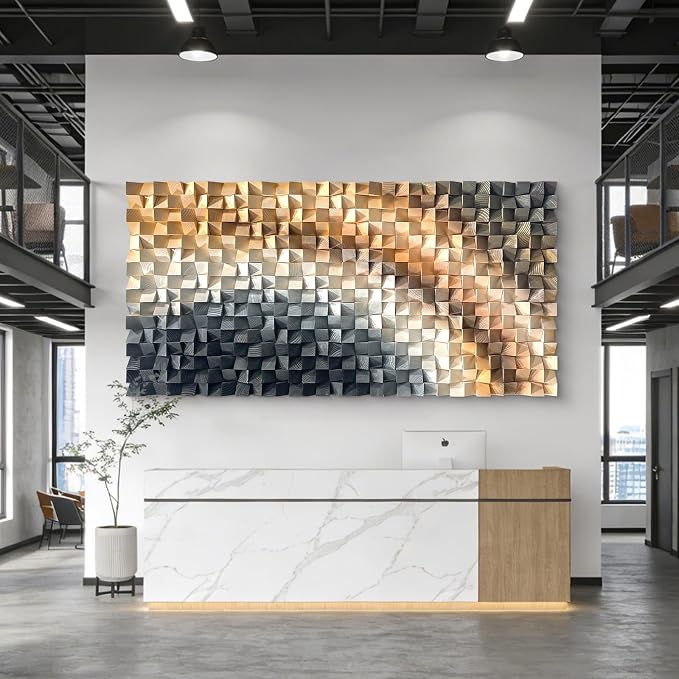 LIUZEYUE Colorful Wood Block Wall Art, Mirrored Color-Flow Mosaic | large colorful wood block wall art; navy and warm gold, tonal gradient; executive office compact wall feature; 23.6 x 47.2 in - Image 9