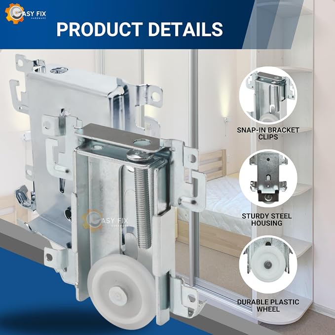 Steel-Framed Mirror Bottom Closet Door Roller Assembly Convex 1-7/16"" Wheels | Roller Replacement for Closet Mirror Wardrobe Doors | Nylon Flat Roller Wheels (1 Pack), Silver - Image 3