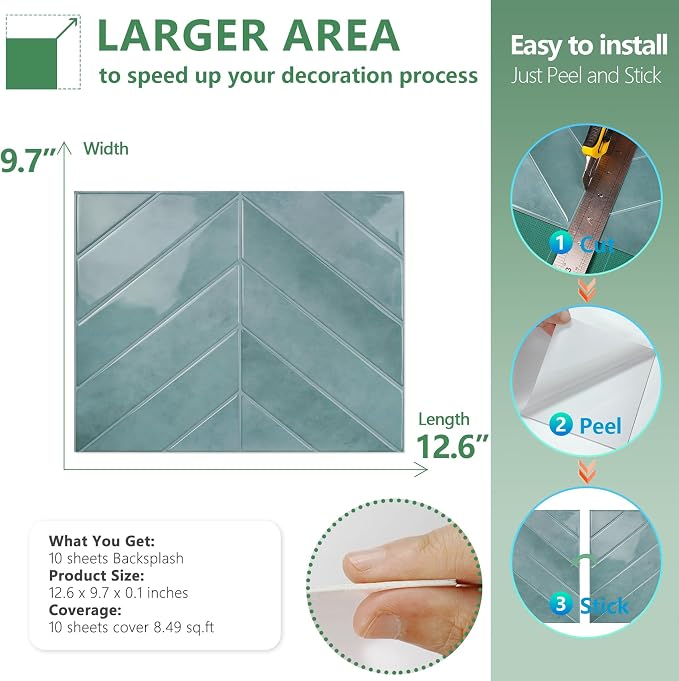 STICKGOO Herringbone Peel and Stick Backsplash, Blue Teal, 10 Sheets | 12.6 x 9.7 in, Thicker Rectangular Vinyl Stick-On Wall Tiles, Easy Alignment, Waterproof, Easy to Clean, Kitchen/Bathroom - Image 7
