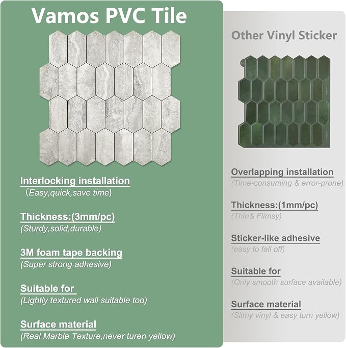 Vamos Tile Long Hexagon Peel and Stick Backsplash Tile - 10 Sheets Stick on Backsplash for Kitchen and Bathroom 12.4 x 12 Inch Beige Slate Look PVC Self Adhesive Mosaic Wall Tiles - Image 5