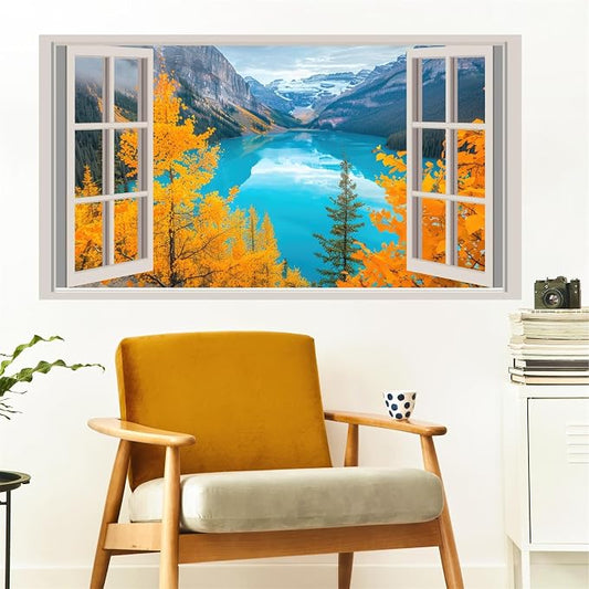 3D Nature Fake Windows Wall Decals Autumn Forest Tree Wall Art Murals Decal Peel and Stick Fall Mountain Lake Sticker Faux Window Landscape Poster Pictures Decals for Bedroom Office Kitchen by kokolap