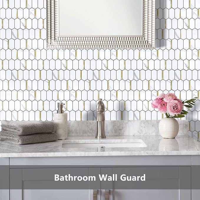 Vamos Tile Long Hexagon Peel and Stick Backsplash Tile - 10 Sheets Stick on Backsplash for Kitchen and Bathroom 12.4 x 12 Inch White Marble Look PVC Mixed Metal Gold Self Adhesive Mosaic Wall Tiles - Image 6