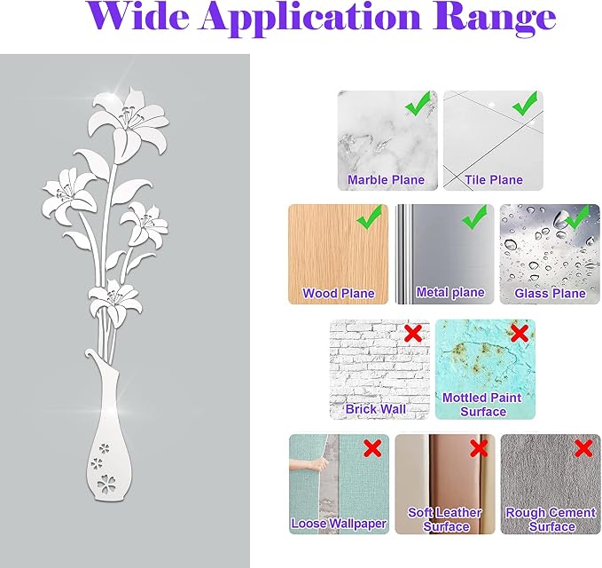HNVNER Mirror Wall Decals - 3D Flower Wall Stickers Murals for Living Room Bedroom,DIY Walls Decor for TV Background and Sofa Backdrop (L, Mirror Silver) - Image 6