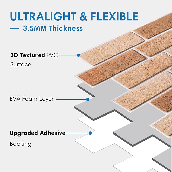 COMSTICKC 3D Faux Brick Wall Panels Peel and Stick, 10 Pcs 15.7" x 11.8" | Light Brown, Not Real Brick, Thin PVC 3D Fake Brick Decorative Tiles Sticker for Easy DIY Interior Decor, Cover 12.9 sq ft - Image 4