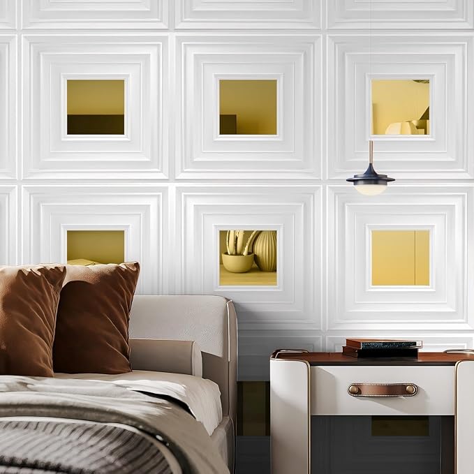 Chejiaye 12 Pack PVC Ceiling Tiles 19.7"x19.7" – Golden Mirror & White 3D Wall Panels for Wall and Ceiling Decoration,Cover 32.3 Sq.Ft – Waterproof,Lightweigh - Image 9