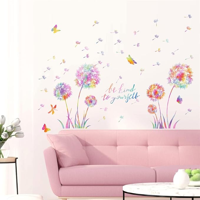 Large Dandelion Wall Decals Colorful Flower Art Stickers Peel and Sticks | wall stickers, floral dragonfly butterfly decor, removable vinyl, inspirational quotes, for kids girl bedroom living room - Image 4