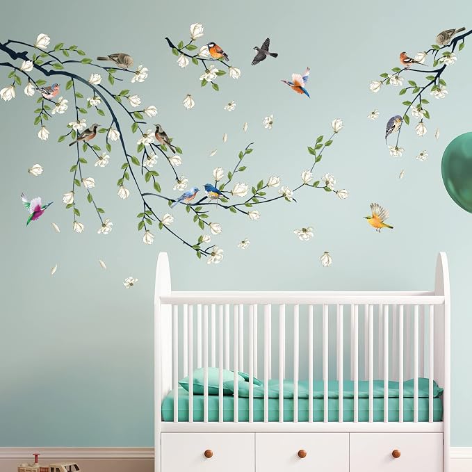 Green Vine Wall Decal White Flowers and Birds on Branch Natural View Wall Sticker DIY Detachable Peel and Stick Wall Art Mural for Living Room Bedroom offcie Home Decor - Image 3