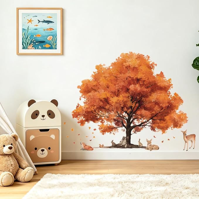 Autumn Tree Wall Decals Woodland Animal Wall Sticker Large Fall Orange Tree Vinyl Mural with Deer Fox Rabbit Squirrel Raccoon Removable Nature Wall Art for Nursery Playroom Bedroom Living Room Class - Image 5