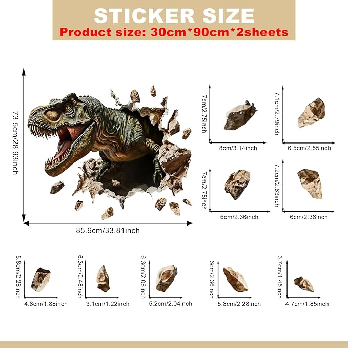 Large Dinosaur Wall Decals Dino Wall Stickers Peel and Stick Wall Art Decals for Boys Room Baby Nursery Kids Bedroom Wall Decor Art (Grey) - Image 3