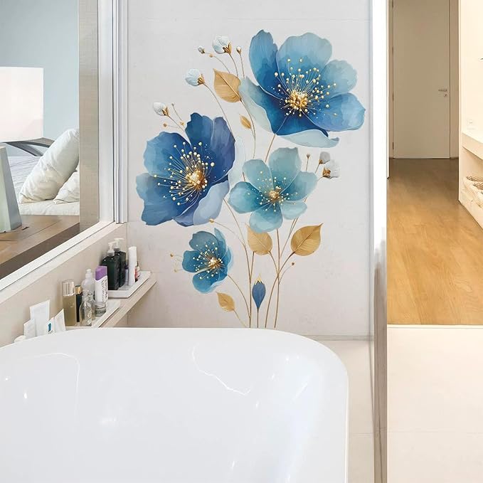TUOKING Blue Flowers Wall Stickers Decor,Removable Wall Murals | Peel and Stick Gold Leaves PVC Wall Art Decal Home Decor for Kitchen,Bedroom,Living Room - Image 4